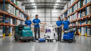 Ride-on floor scrubber cleaning a commercial warehouse floor for Zintra Equipment floor scrubber rentals in Melbourne.