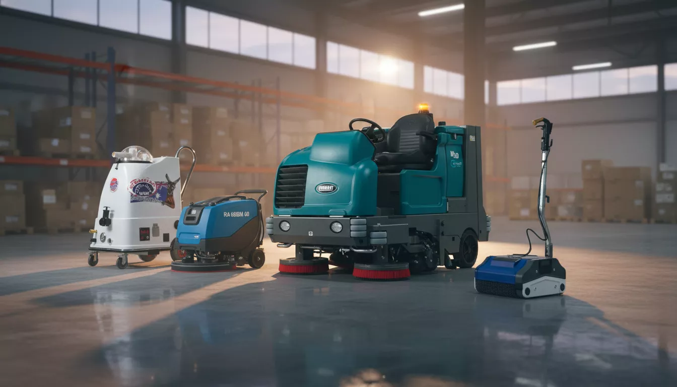 Ride-on floor scrubber cleaning a warehouse floor in Melbourne