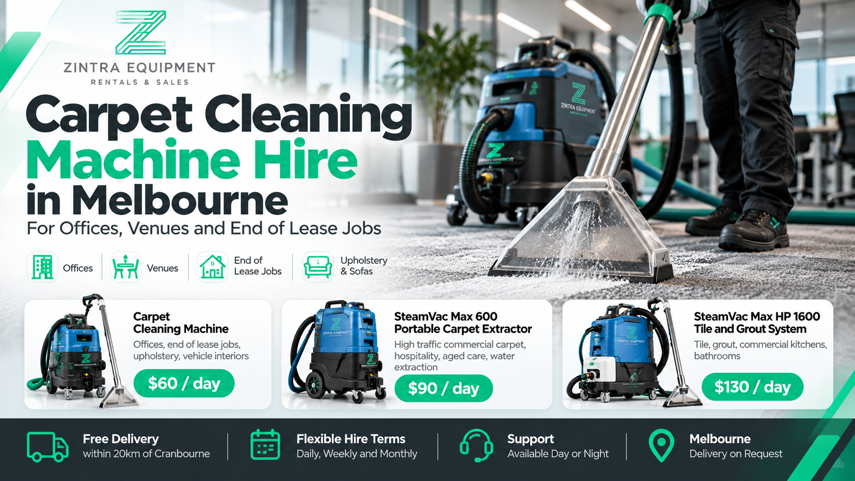 Carpet cleaning machine hire in Melbourne from Zintra Equipment