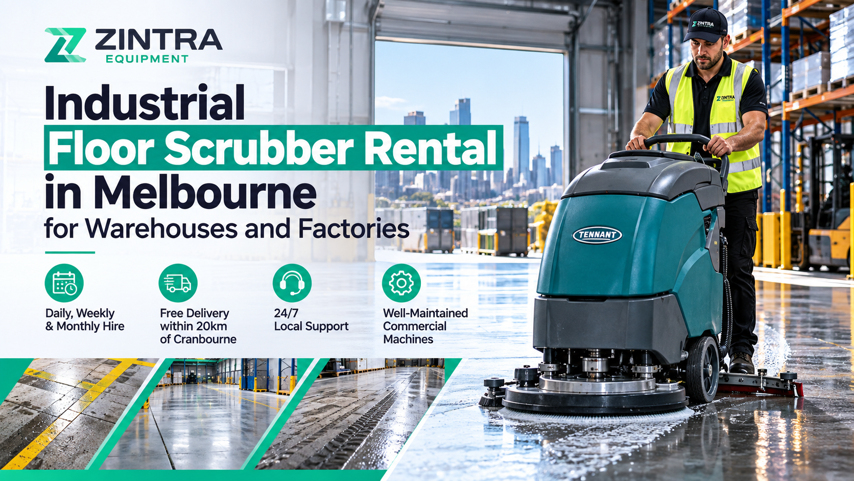 Industrial floor scrubber rental in Melbourne for warehouses and factories