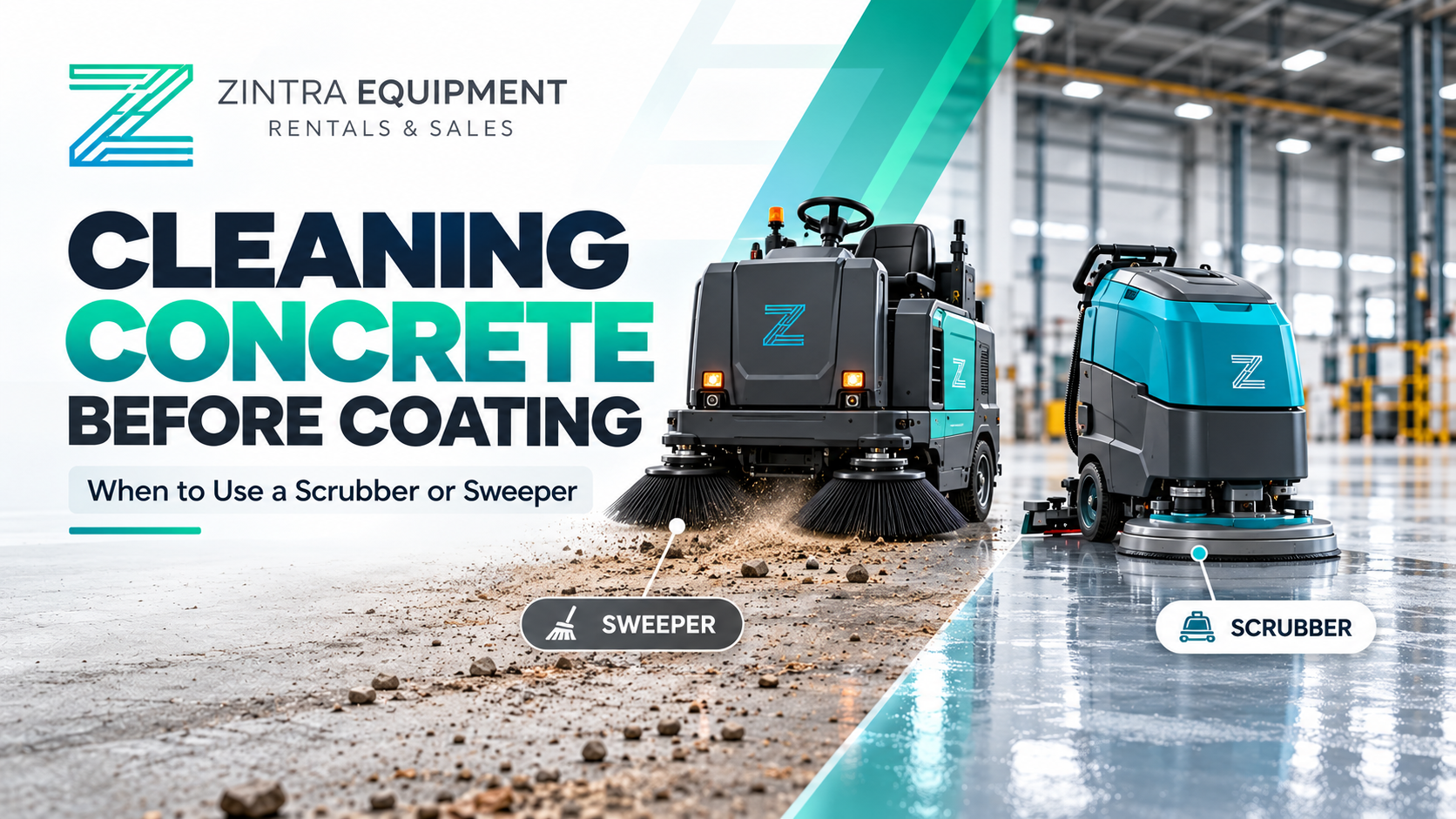 Ride on floor scrubber cleaning a concrete warehouse floor before coating in Melbourne